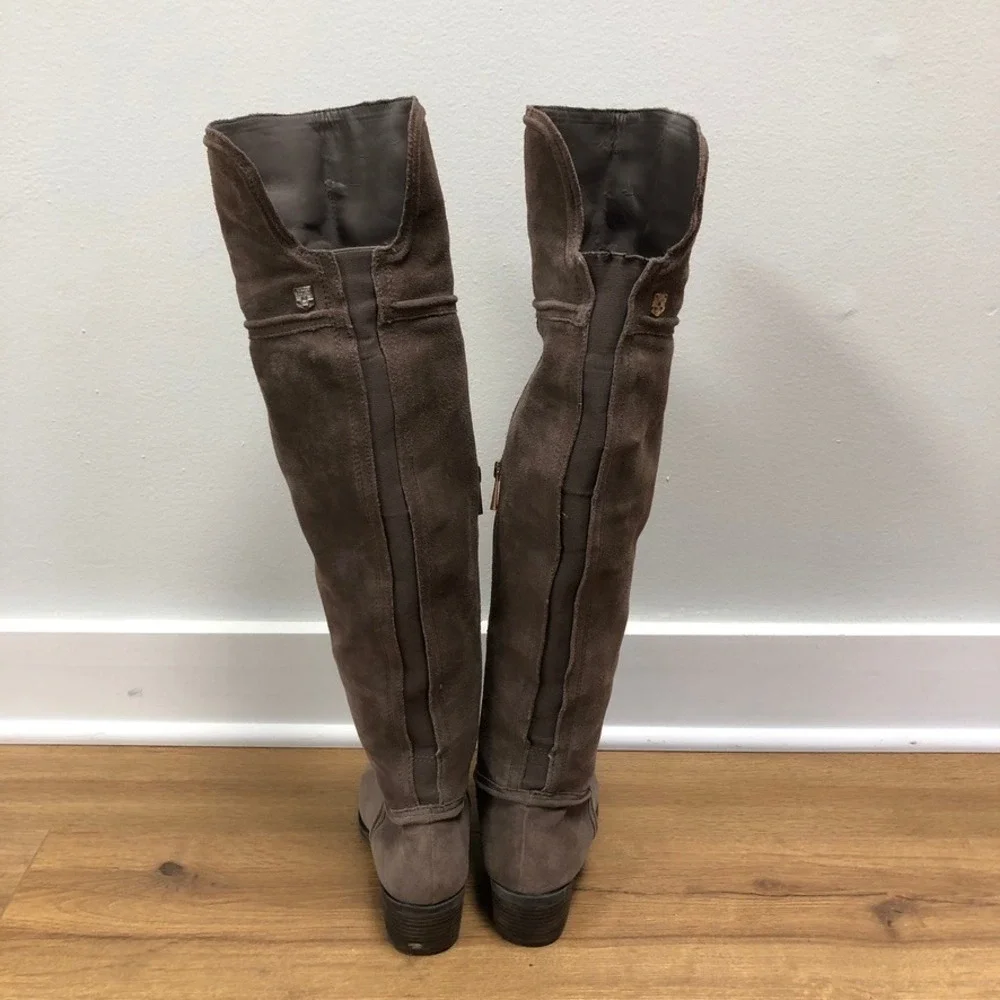 Vince Camuto Over the Knee Boots Womens 8M Taupe Suede Low Heel OTK Zipper